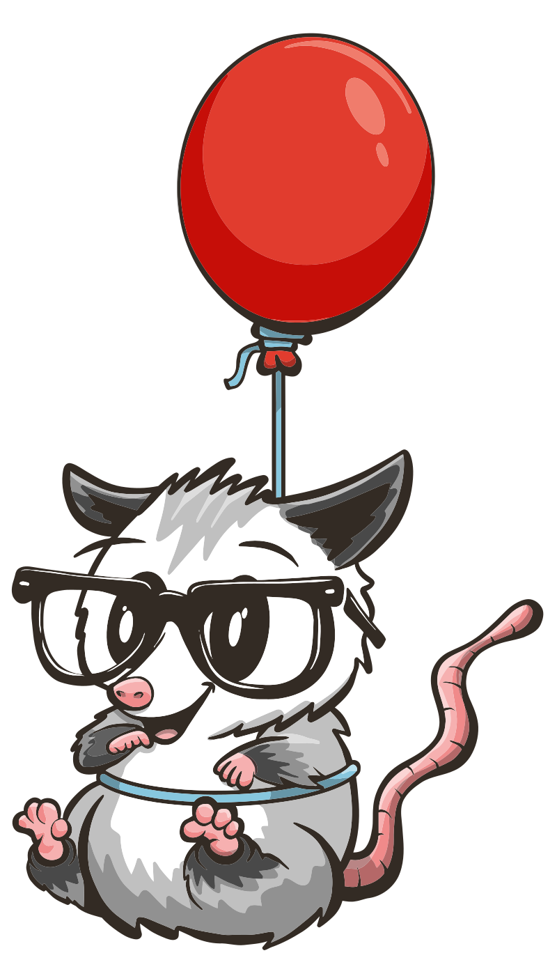 Талисман Eleventy от Дэвида Нила — опоссум в очках, подвешенный на красном воздушном шаре.